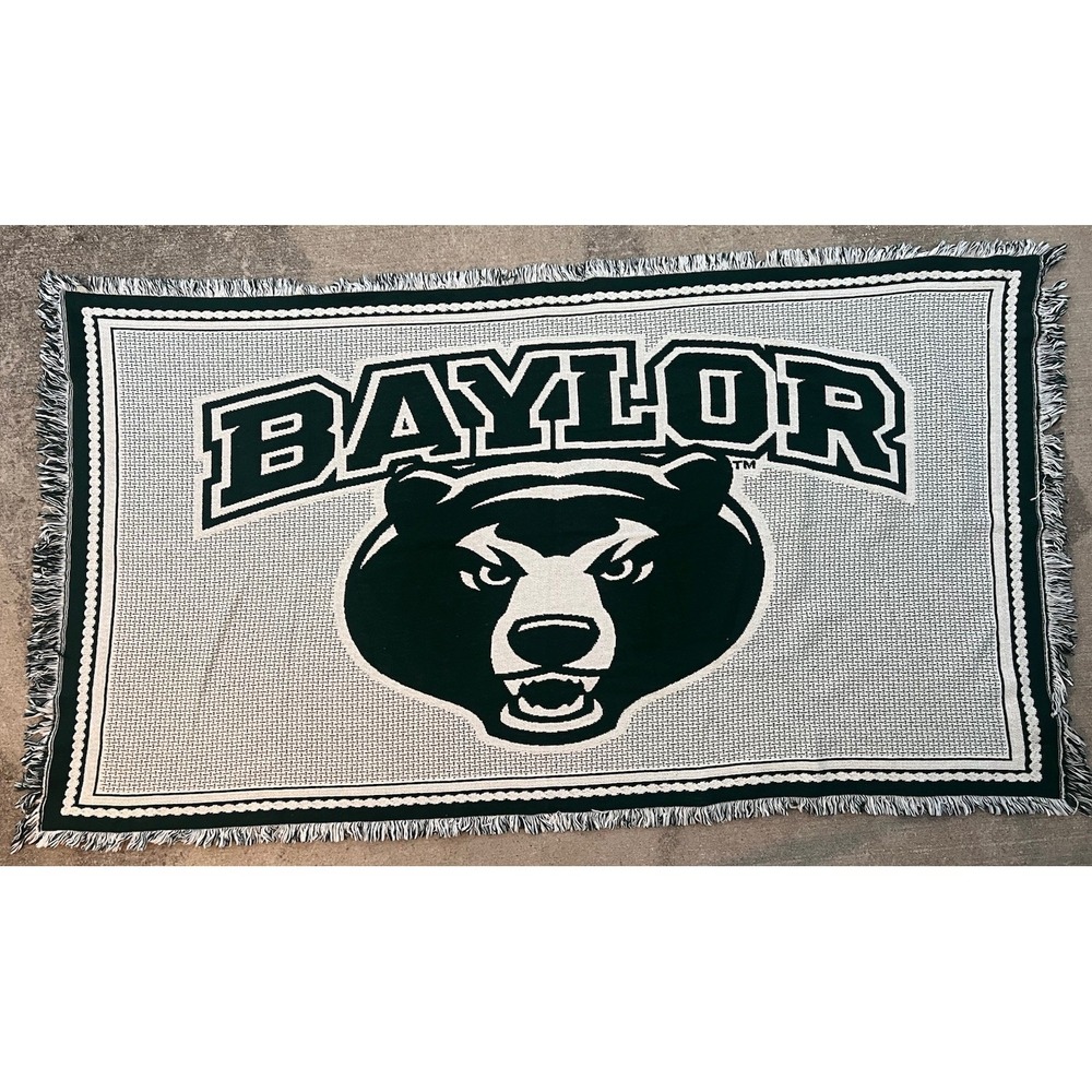 LARGE Baylor University Bears Throw Blanket Green White Fringe Edge 88"X47"